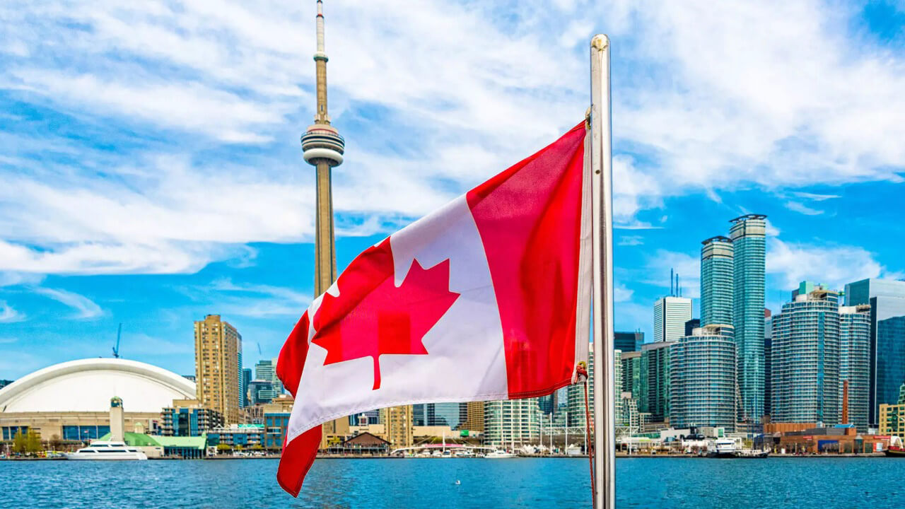 Flag of Canada and information related to express entry PR.